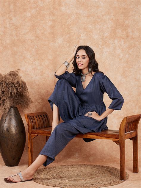 Dark Teal Lurex High Low Angrakha Tie Up Kurta Set