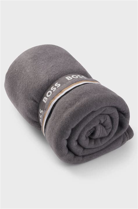 BOSS - Fleece throw with signature-stripe appliqué - Grey