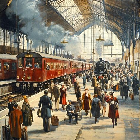 A bustling railway terminal with passengers and trains in various ...