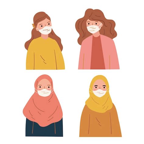 A set of illustrations people wearing face mask. self protection from ...