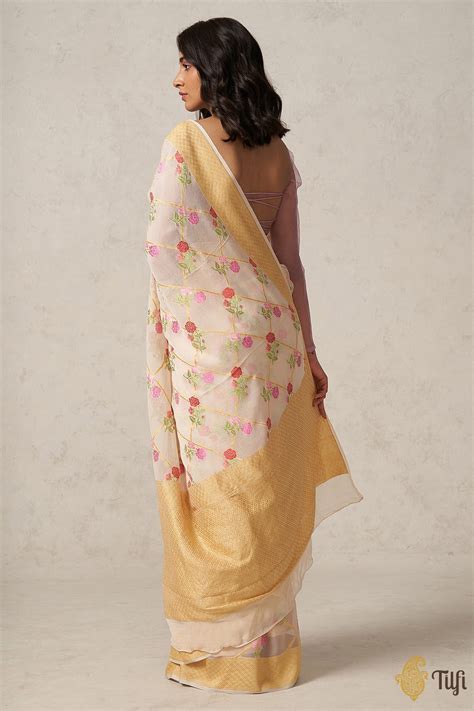 Off-white Pure Khaddi Georgette Banarasi Handloom Saree - Tilfi