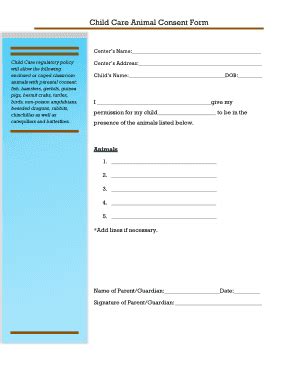 Child Care Animal Consent Form - Kentuckypartnershiporg - Fill and Sign ...