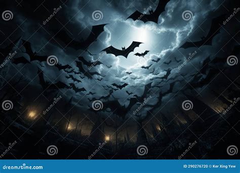 Group of Bats Flying through a Cloudy Sky Stock Illustration ...