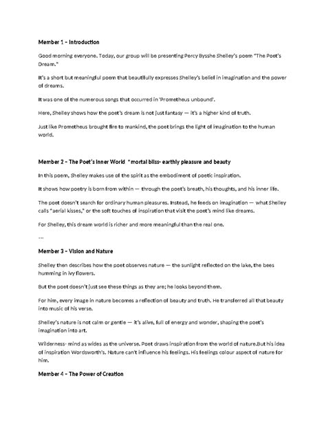 Member 1 – Intro to Shelley's Poem: Imagination & Nature - Studocu