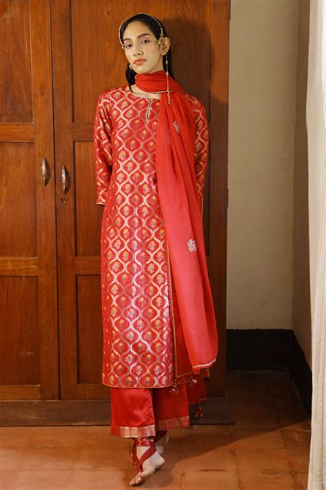 Tango Red Woven Silk Salwar Suit - Ganga Fashions