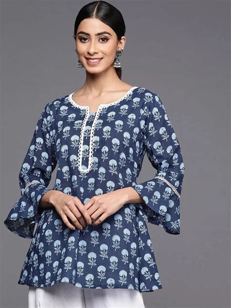 Buy Blue Printed Cotton A-Line Kurti Online at Rs.350 | Libas