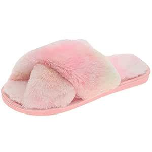 Licogel Cross Band Slippers Fuzzy Warm Non-Skid Soft Furry Open Toe ...