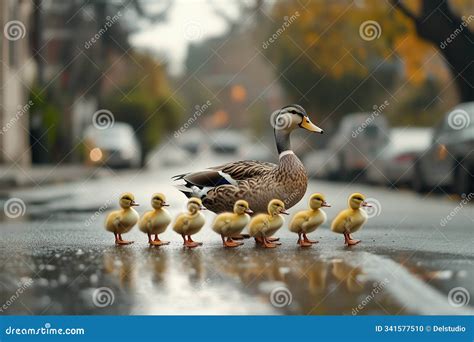 Mother Duck Helphing Her Ducklings Crossing a Road and Walking in a Row ...