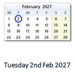 February 2, 2027 Calendar with Holiday info and Count Down - IND