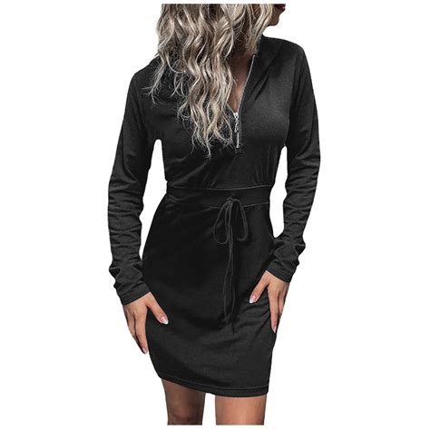 AherBiu Sports Dresses for Women Long Sleeve Half Zipper V Neck Hooded ...