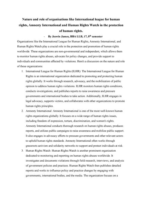 HRa - HRa - Nature and role of organisations like International league ...