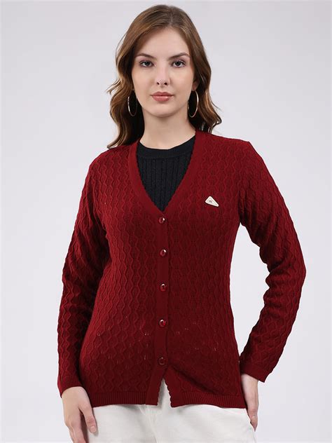 Buy Women Maroon Self Design V Neck Full Sleeve Cardigan Online in ...
