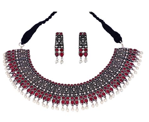 Buy VENI Oxidised Silver Ruby Stone Choker Necklace with Stud Earrings ...