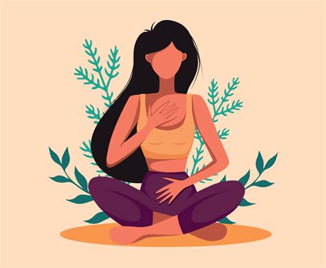 Vector illustration Yoga tanned girl is engaged in yoga and meditation among plants and nature ...