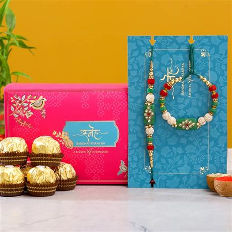 Green Pearl And Lumba Rakhi Set With 3 Pcs Ferrero Rocher - SGRAKHI95 ...