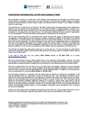 Fillable Online haemophilia org PARTICIPANT INFORMATION LETTER AND ...