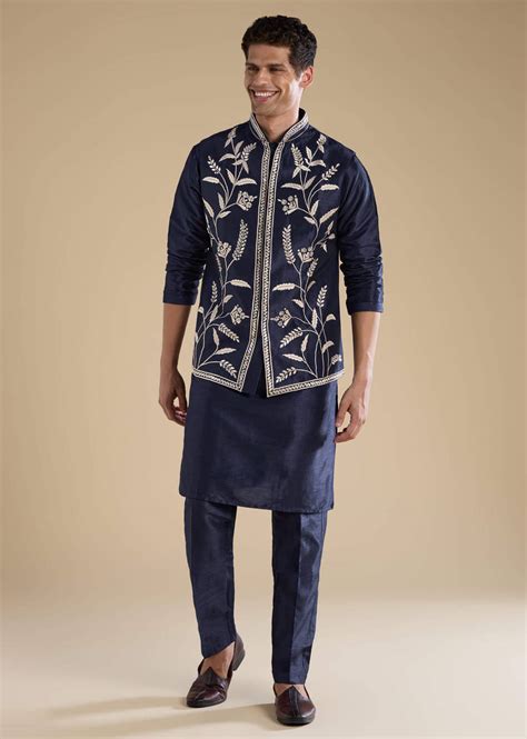 Buy Navy Blue Silk Mirror Embroidered Mens Jacket Kurta and Pant Set ...