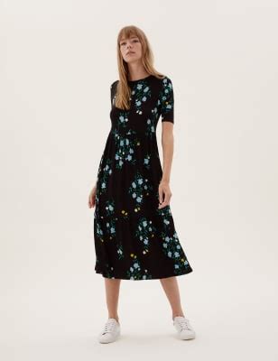 Jersey Floral Midi Tiered Dress
