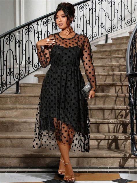 Allurite Plus Size Round Neck Long Sleeve Mesh Patchwork Casual Dress ...