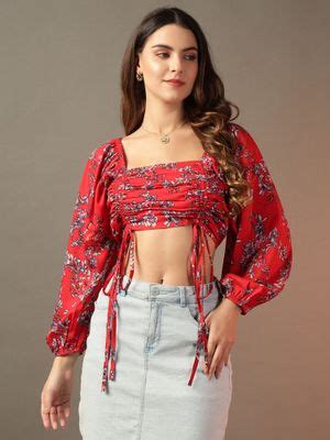 Buy Trend Arrest Red Ruched Floral Printed Crop Top (XS) Online