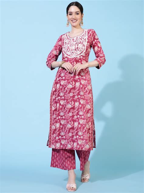 Cotton Calf Length Printed Straight 3/4 Sleeves Round Neck Kurta Botto ...