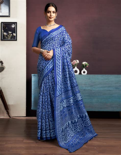 Indigo Cotton Blend Printed Saree – Sudathi