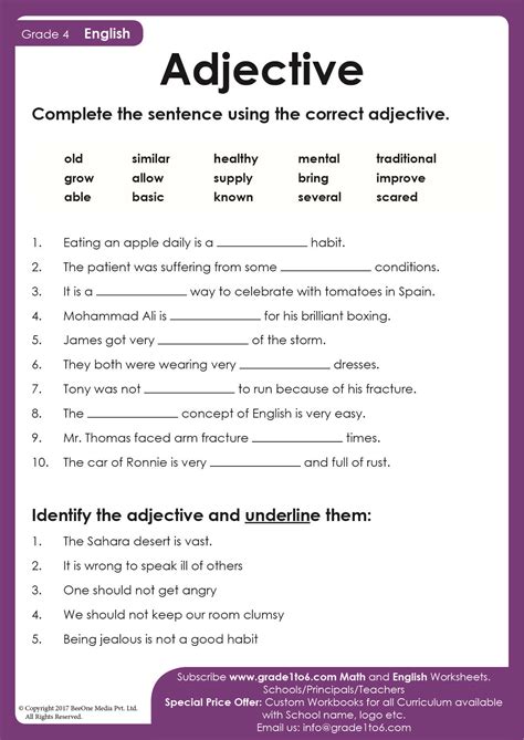 Adjective exercises worksheet for Class 4 | English Grammar | English ...