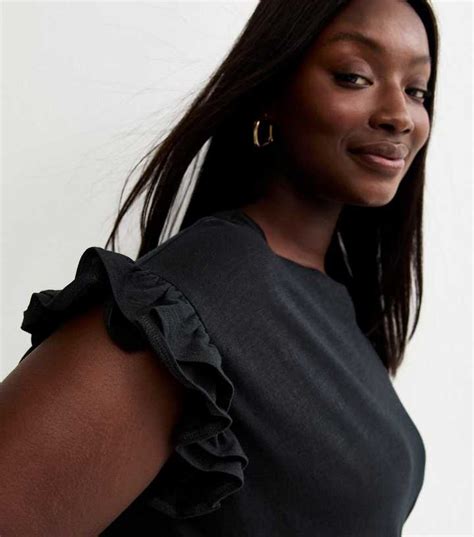 Curves Black Frill Sleeve Slub Top | New Look