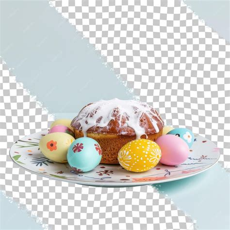 Ciasto z białym glazurą jest na talerzu z jajami wielkanocnymi ...