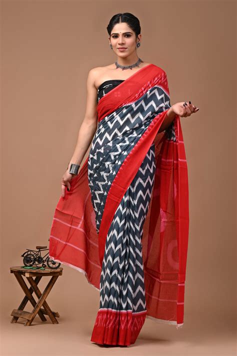 Pure Mul cotton Hand print saree with Blouse. – fab-persona