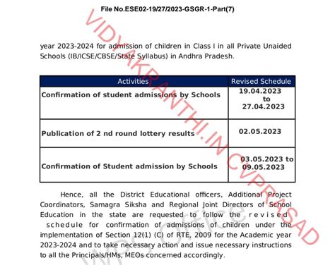 Revised schedule for Admission of children under Section 12.1.C of RTE ...
