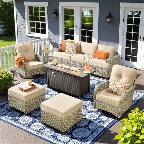 Pouuin 7 Piece Patio Conversation Set with Beige Cushions with Fire Pit ...