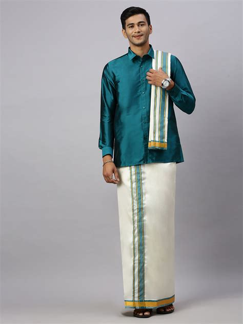Men Full Sleeves Ramar Green Shirt with Matching Border Cream Dhoti ...
