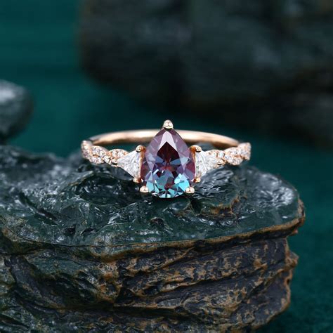 Color Change Alexandrite ring, 14K Rose gold engagement ring, Triangle ...
