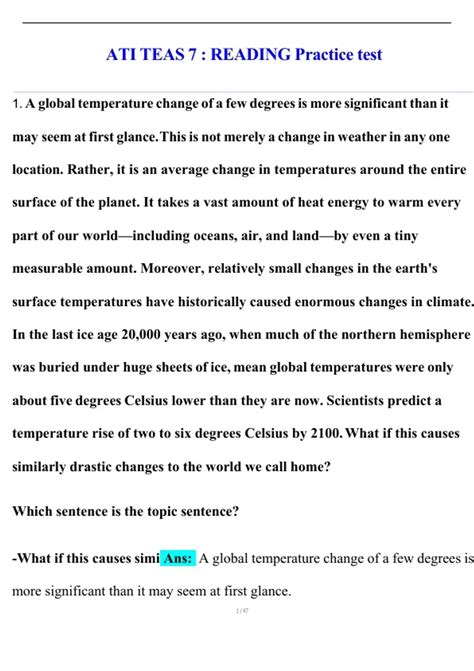 ATI TEAS 7 READING Practice test 2025/2026 Questions and Answers - ATI ...