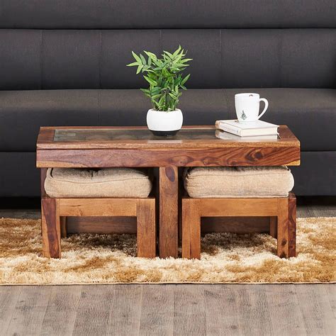 Helios Rover Sheesham Wood Coffee Table with Stools - Brown | Brown ...