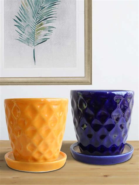 Hawaiian Yellow & Blue Ceramic Planters with Trays (Set of 2) – Greenkin