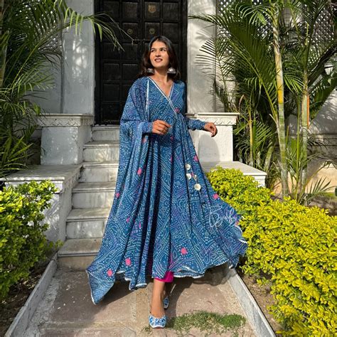 Teal Blue Bandhani Anghrkha style Anarkali Suit Set With Duptta ...