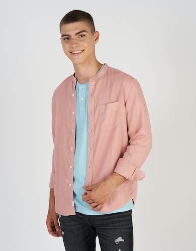 Buy American Eagle Men Pink Band Collar Linen Button-Up Shirt Online