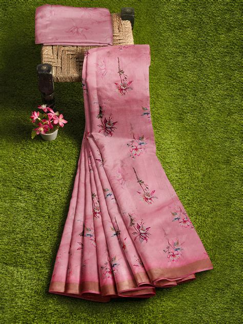 Women Pink Semi Tussar Printed Saree ST250