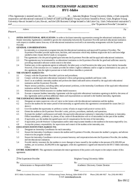 The BYU-Idaho Master Internship Agreement Doc Template | pdfFiller