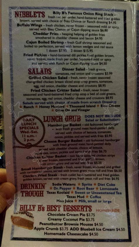 Menu at Billy B's Sale Barn Cafe, Groesbeck, E Hwy 164