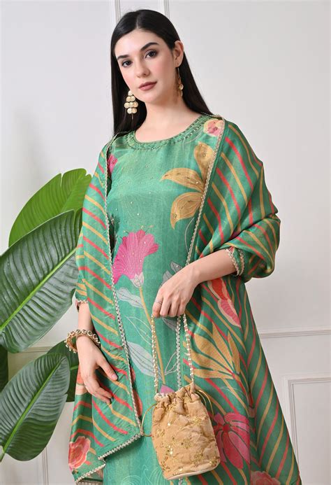Green Tissue Silk with Hand Work Suit- Set of 3 – Fine Strings