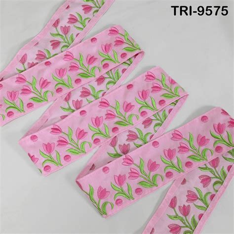 9 Yard Pink Floral Embroidery Ribbon Indian Sari Border Embroidered Cr ...