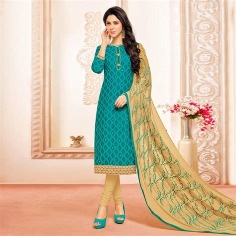 Turquoise Colored Designer Embroidered Cotton Dress Material