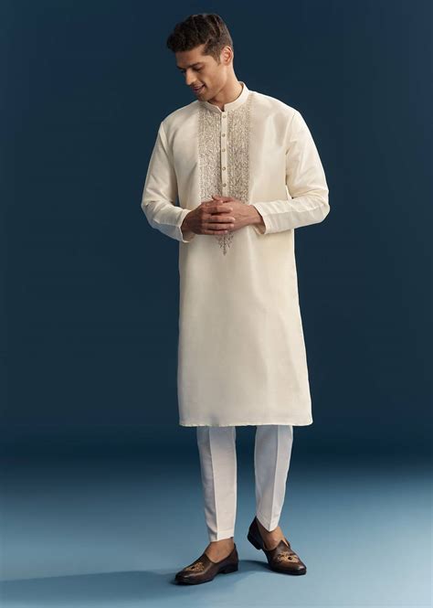 Buy Off White Silk Kurta Set With Thread And Moti Detail Work | KALKI ...