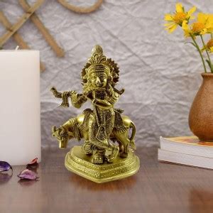VIB CREATION Lord Krishna with Cow Brass Idol for Temple Pooja ...