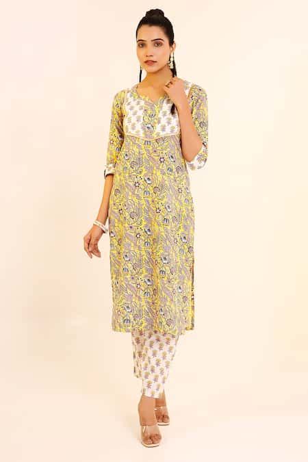 Buy Yellow Cotton Printed Flora Notched Long Kurta And Pant Set For ...