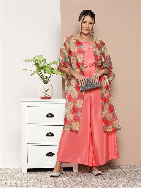 Cassatta Peach Coord Set W -Pink Green Floral Cape - InWeave
