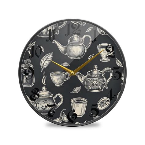 9.5" Round Silent Wall Clocks Hand Drawn Tea Pots Acrylic Battery ...